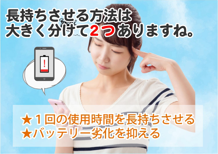 長持ちさせる方法は大きく分けて２つありますね。★１回の使用時間を長持ちさせる★バッテリー劣化を抑える